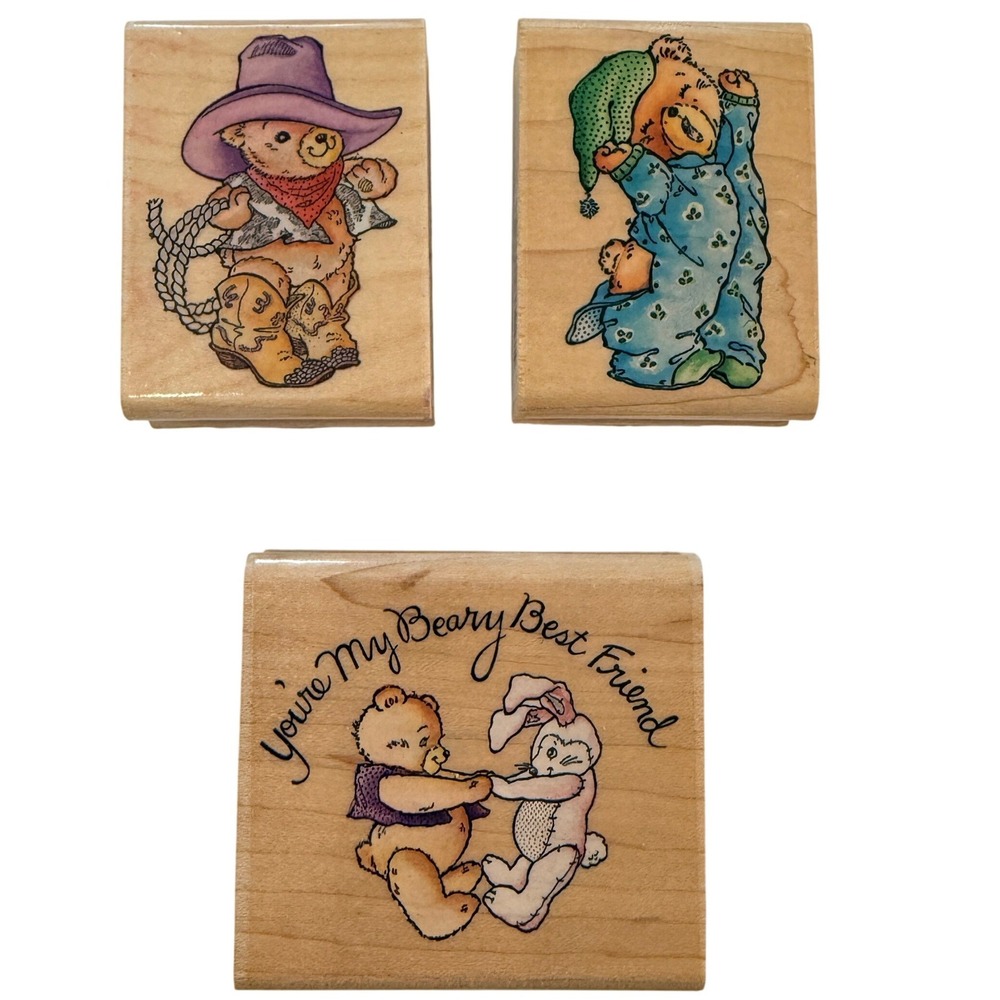 Teddy Bear Wood Mounted Rubber Stamp Lot Cowboy Sleepy Friend Scrapbooking